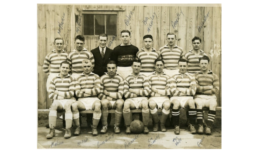 The 1930 team photo of the Fall River Marksmen. This year's team won three national titles in the same year, and sent players Billy Gonsalves and Bert Patenaude, third and fourth from left, seated, to the World Cup.