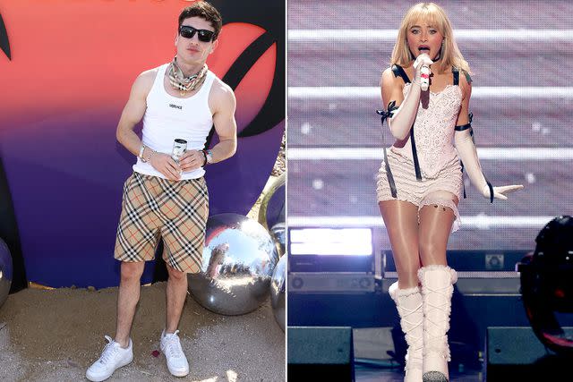 <p>Tommaso Boddi/Getty; Kevin Kane/WireImage</p> Barry Keoghan at Coachella on April 12; Sabrina Carpenter performing in December 2023