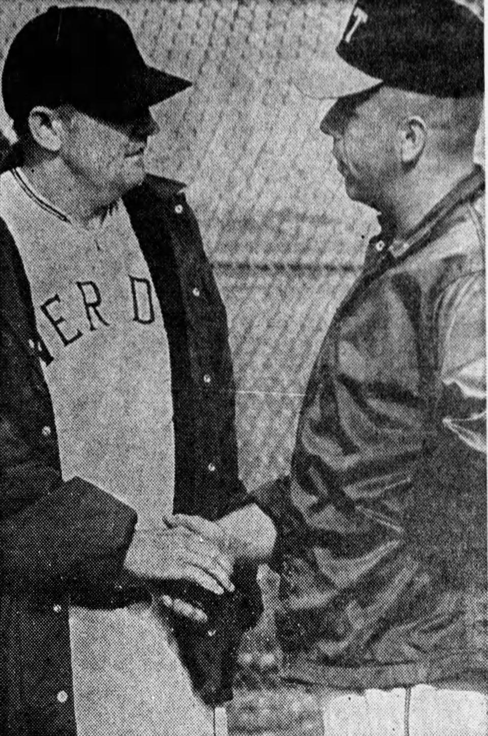 GOOD GOING—Old Tappan coach Ralph Cobb, right, offers his congratulations to Charlie Housley after River Dell win. Originally published Tuesday, June 9, 1970. River Dell wins Group 3, North Jersey, Section 1 baseball title, 7-0.