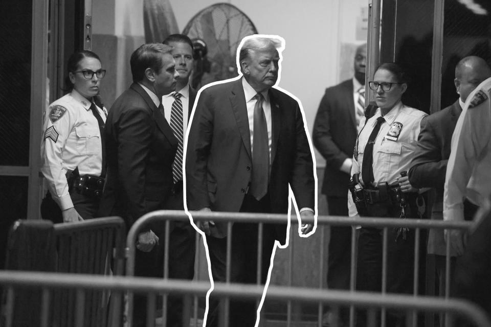 New York, NY, USA; Former US President Donald Trump returns to the courtroom after a break during the first day of his trial for allegedly covering up a hush money payment linked to an extramarital affair, at Manhattan Criminal Court in New York City on April 15, 2024.