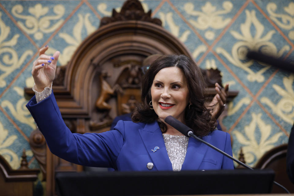 Michigan Gov. Gretchen Whitmer delivers her State of the State address to a joint session of the House and Senate, Wednesday, Jan. 24, 2024, at the state Capitol in Lansing, Mich. (AP Photo/Al Goldis)