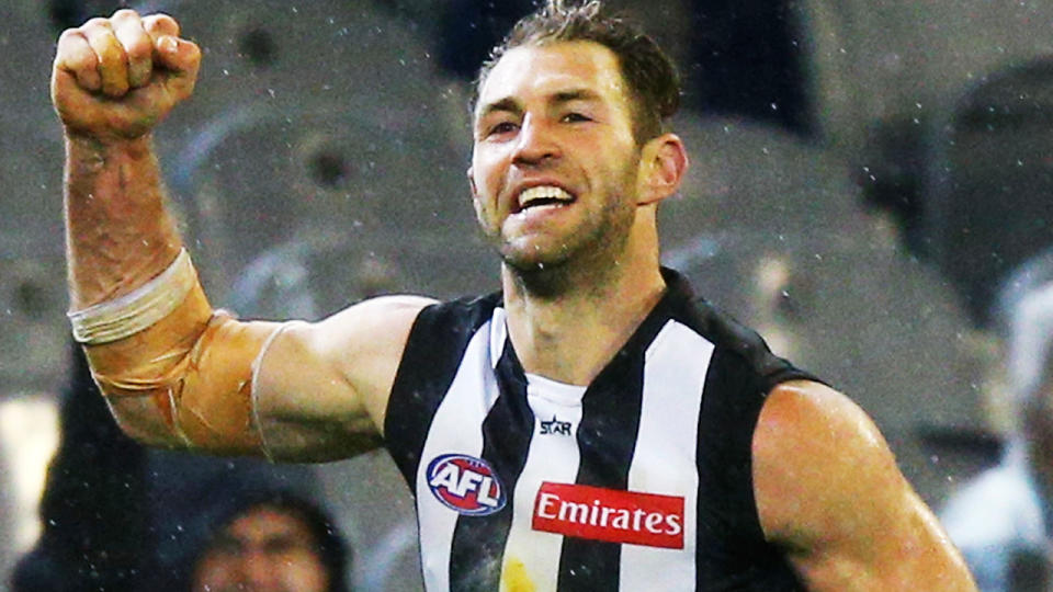 Travis Cloke, pictured here celebrating a goal for Collingwood in 2016.