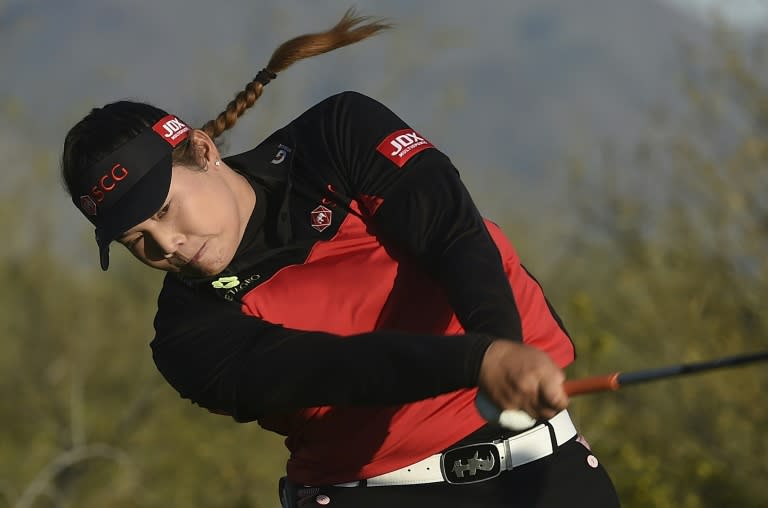 Ariya Jutanugarn of Thailand hits her drive on on the 18th hole during the the third round of the Bank Of Hope Founders Cup, at Wildfire Golf Club at the JW Marriott Desert Ridge Resort in Phoenix, Arizona, on March 18, 2017