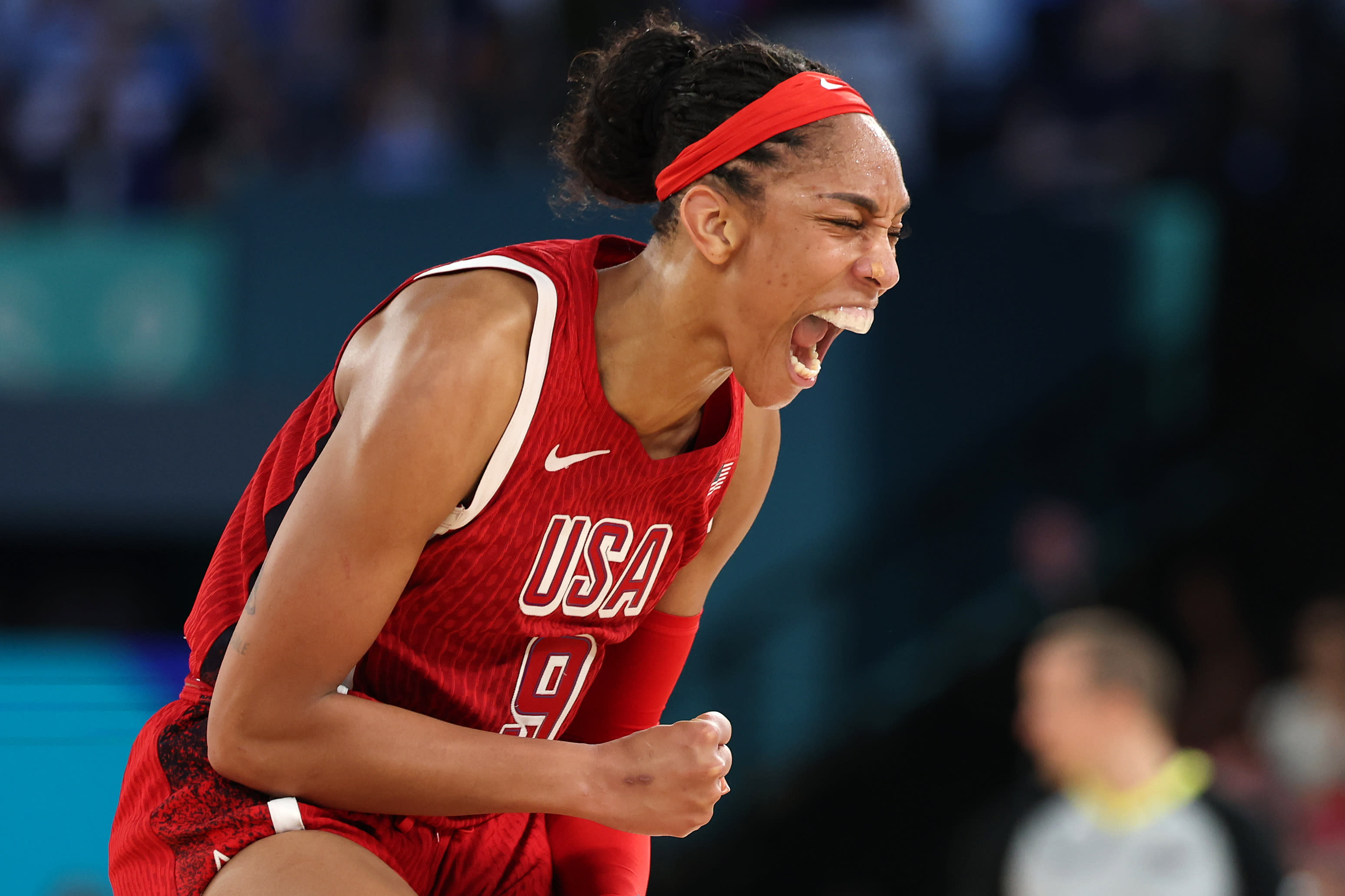 A'Ja Wilson celebrates the USA's victory over France. (Gregory Shamus/Getty Images)