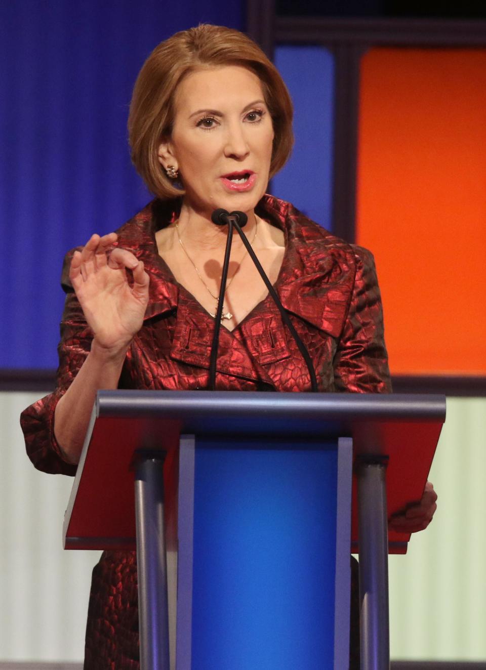 Republican presidential hopeful Carly Fiorina during the undercard Republican debate at the Iowa Events Center in Des Moines, Iowa, Jan. 28, 2019.