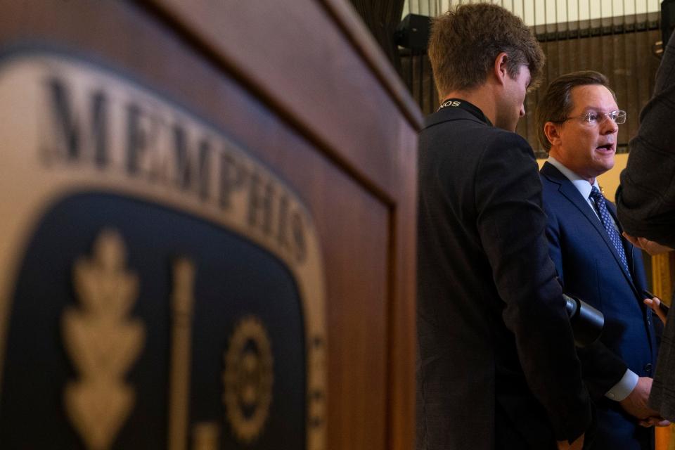 Tennessee House Speaker Cameron Sexton answers questions from the media after a press conference where Sexton announced plans to introduce a bill that would amend the state constitution and allow judges to not set bail for a wider variety of violent charges at Memphis City Hall on Friday, January 26, 2024.