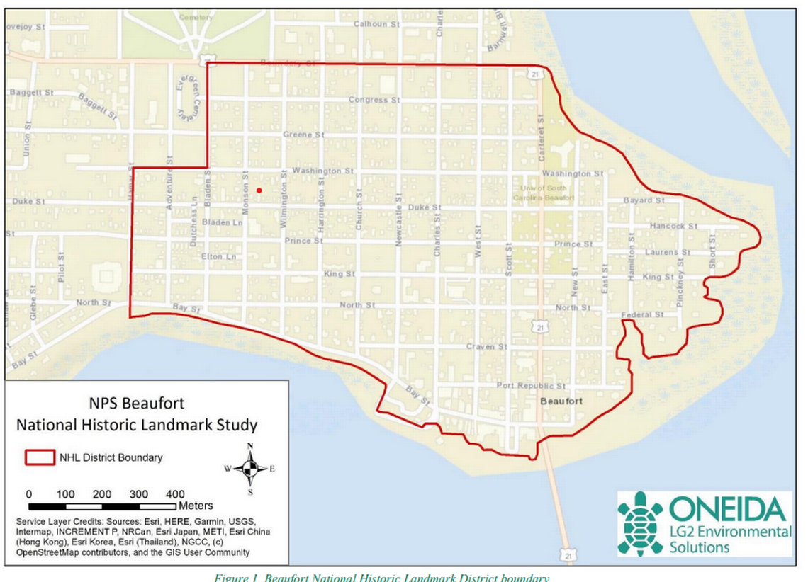 The boundaries of the Beaufort National Historic Landmark District.