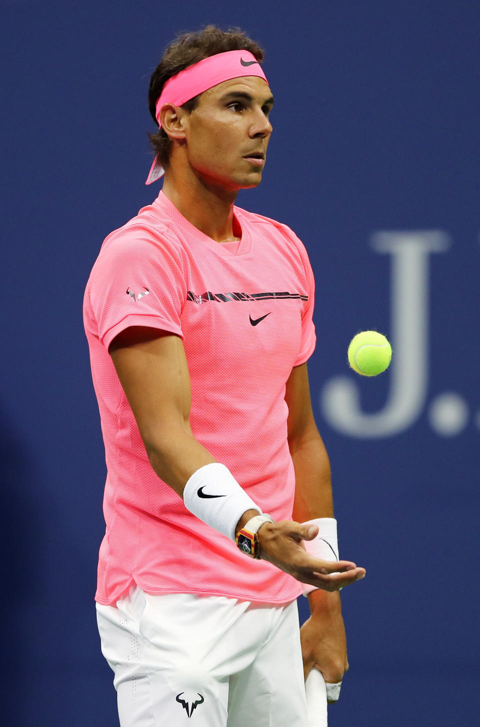 <p>Rafael Nadal of Spain prepares to serve against Dusan Lajovic of Serbia & Montenegro in thier Men’s Singles first round on Day Two of the 2017 US Open at the USTA Billie Jean King National Tennis Center on August 29, 2017 in the Flushing neighborhood of the Queens borough of New York City. (Photo by Elsa/Getty Images) </p>