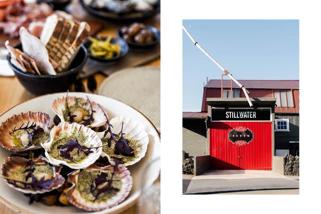 <p>Annie Blair/Courtesy of Stillwater; Nat Mendham/Courtesy of Tourism Tasmania</p> From left: Baked Tasmanian scallops on the half shell at Stillwater Restaurant; vibrant red barn doors mark a side entrance to the Stillwater Seven hotel.