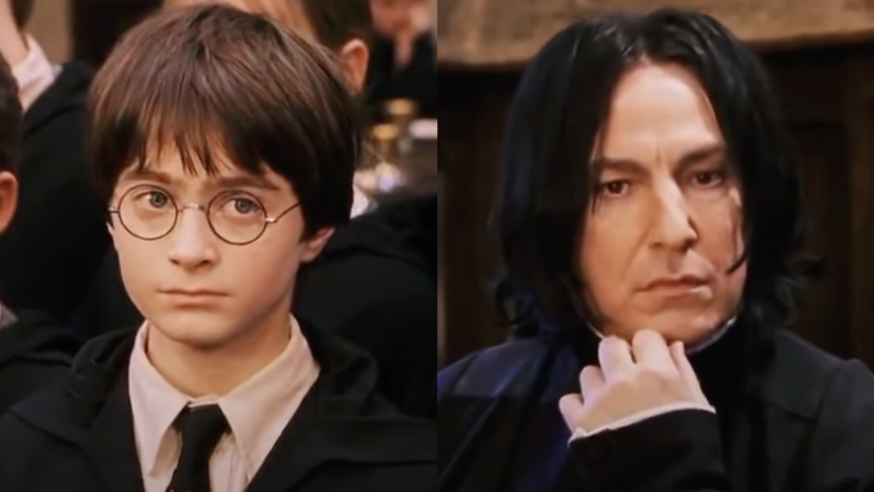 Daniel Radcliffe as Harry Potter and Alan Rickman as Snape in Harry Potter and the Sorcerer’s Stone. 
