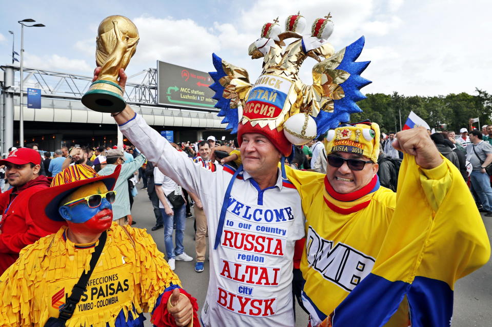 <p>Fans arrive at the Luzhniki Stadium ahead of the World Cup opener. (EPA) </p>