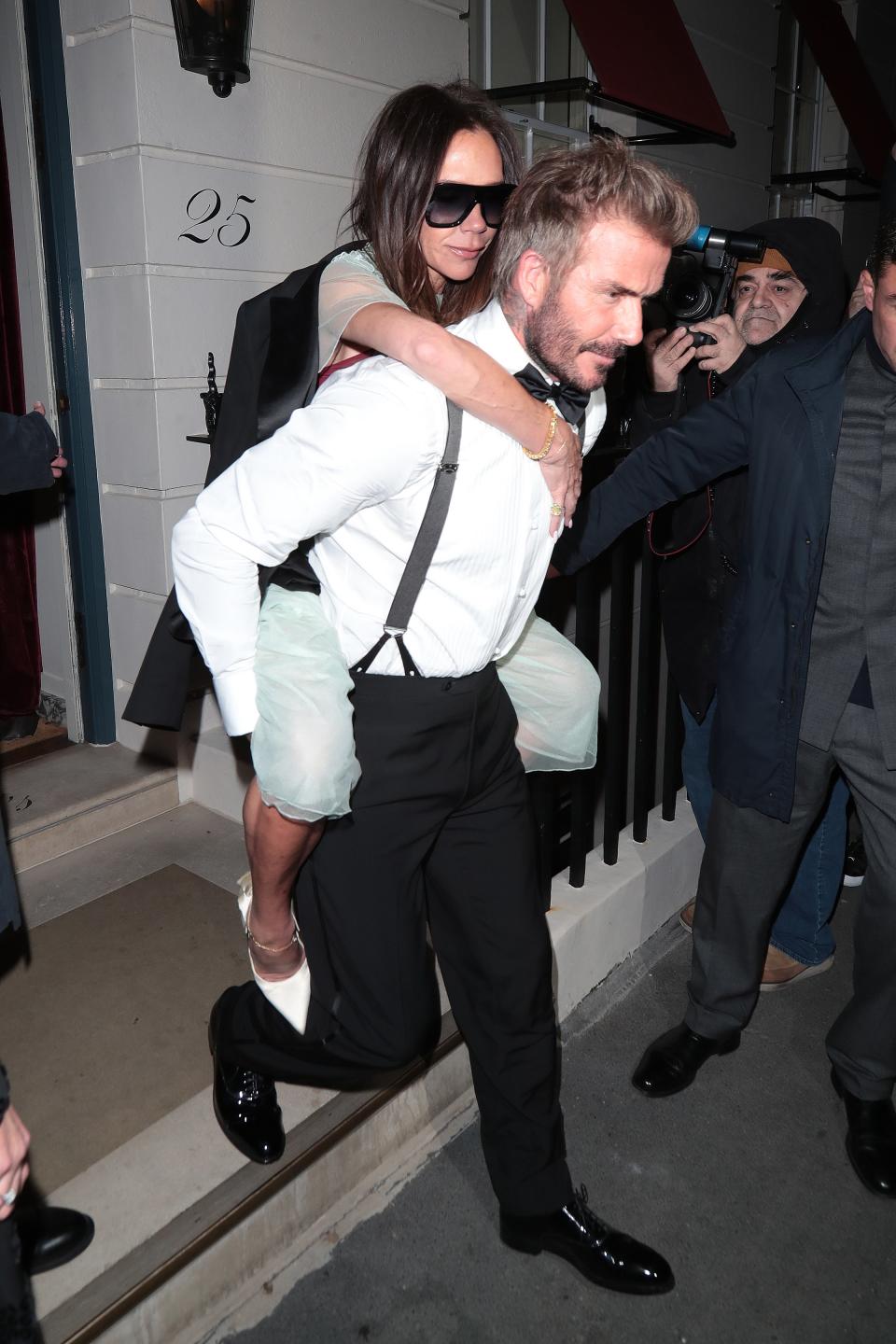 David Beckham and Victoria Beckham leaving Oswald’s in London on April 20, 2024.