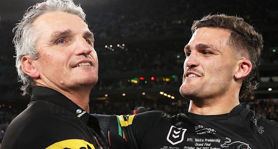 Pictured right is Penrith halfback Nathan Cleary alongside father and coach Ivan.