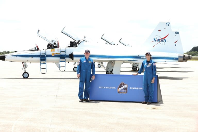 NASA astronauts Suni Williams (R) and Butch Wilmore arrived at the Kennedy Space Center in Cape Canaveral, Florida aboard a T-38 Talon jet (Gregg Newton)