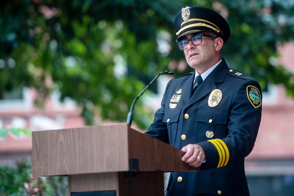 Asheville Police Captain Joe Silberman speaks during a 9/11 remembrance ceremony, September 11, 2023.