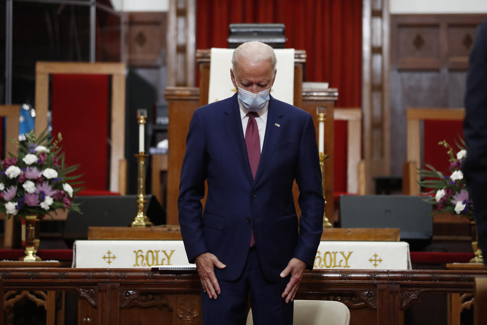 Democratic presidential candidate, former Vice President Joe Biden bows his head in prayer during a visit to Bethel AME Church in Wilmington, Del., Monday, June 1, 2020. (AP Photo/Andrew Harnik)