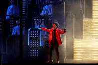 TAMPA, FLORIDA - FEBRUARY 07: The Weeknd performs during the Pepsi Super Bowl LV Halftime Show at Raymond James Stadium on February 07, 2021 in Tampa, Florida. (Photo by Kevin C. Cox/Getty Images)