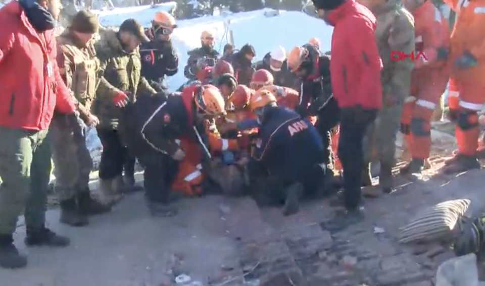 Meral Nakır, 60, being rescued in Malatya, Turkey, 77 hours after the earthquake (DHA)