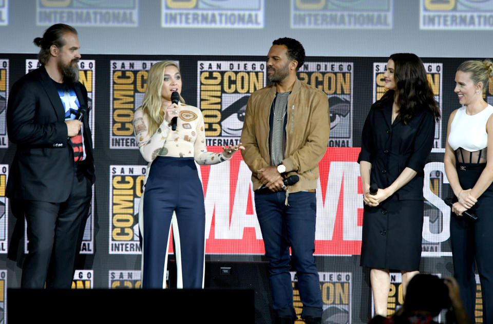 SAN DIEGO, CALIFORNIA - JULY 20: (L-R) David Harbour, Florence Pugh, O. T. Fagbenle, Rachel Weisz and Scarlett Johansson speak at the Marvel Studios Panel during 2019 Comic-Con International at San Diego Convention Center on July 20, 2019 in San Diego, California. (Photo by Kevin Winter/Getty Images)