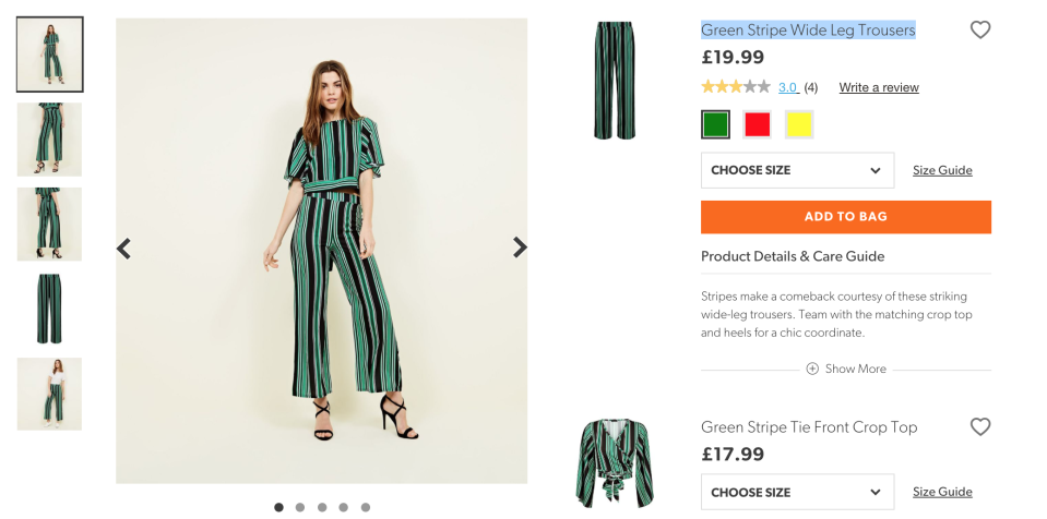 New Look are selling the same <span>Green Stripe Wide Leg Trousers</span> for £19.99 in the standard section [Photo: NewLook.com]