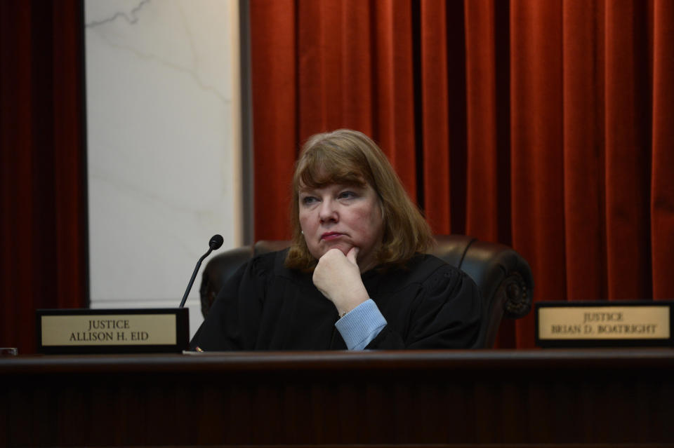 The Colorado Supreme Court Justice Allison H. Eid hears arguments in the new court room for the first time at the Ralph L. Carr Colorado Judicial Complex in downtown Denver, Colorado January 23, 2013.&nbsp;