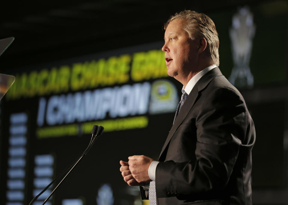 NASCAR CEO Brian France talks to the media about the new points system during a news conference at the NASCAR Sprint Cup auto racing Media Tour in Charlotte, N.C., Thursday, Jan. 30, 2014. (AP Photo)