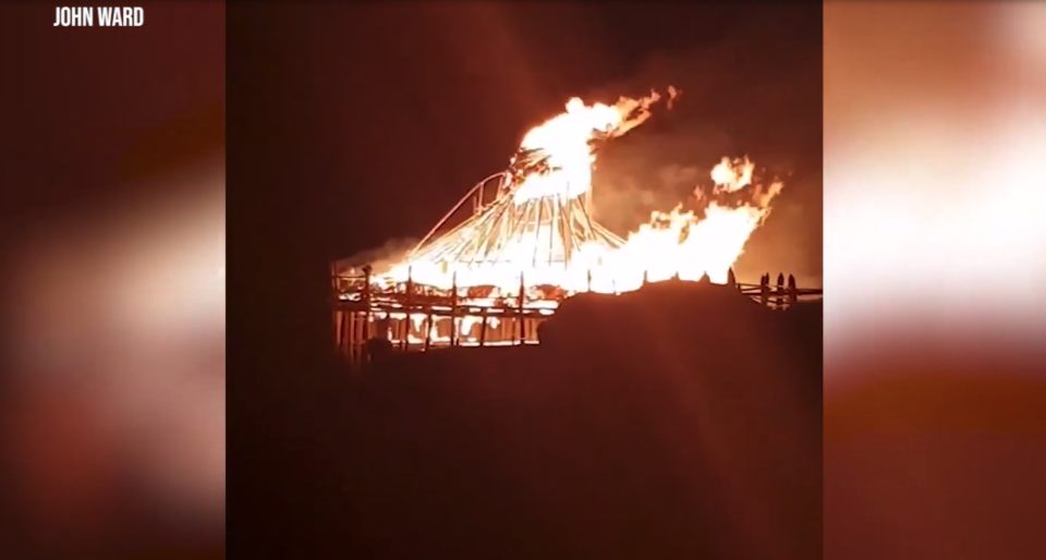 Flames engulfed the roundhouse structure at the Scottish Crannog Centre on Friday evening (Screengrab)