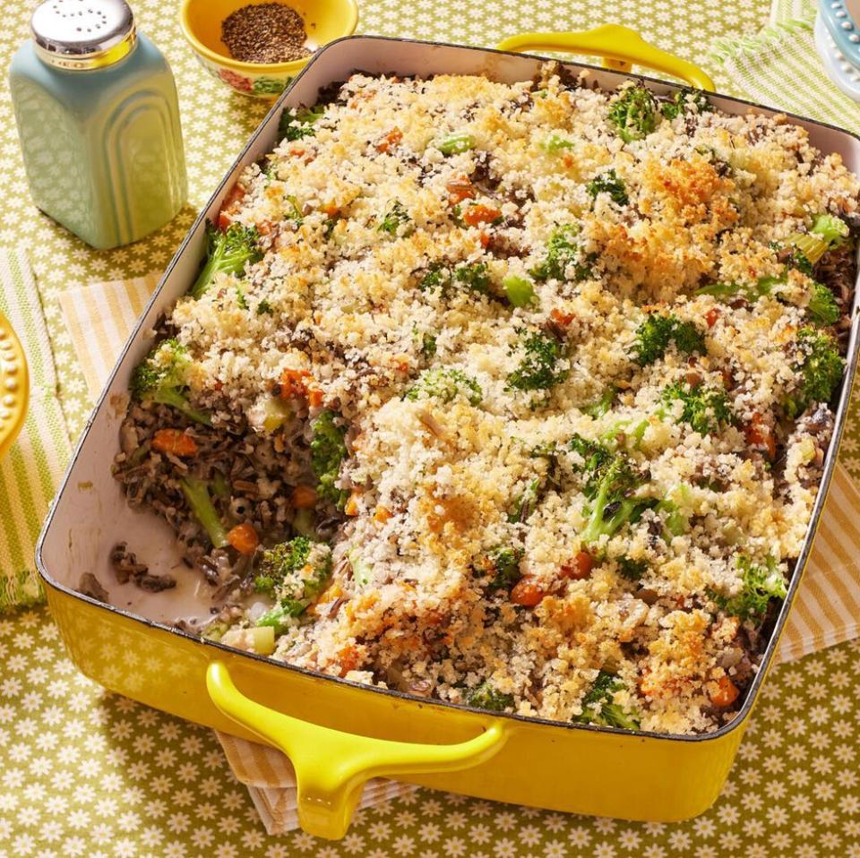 easter side dishes broccoli wild rice casserole in yellow baking dish