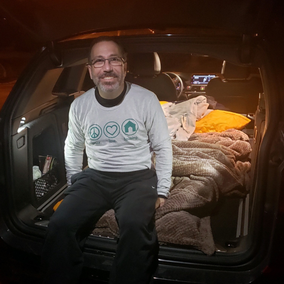 George Goldman camps outside in his car during the December 2021 "A Night in the Cold" fundraiser for Homeless Solutions.