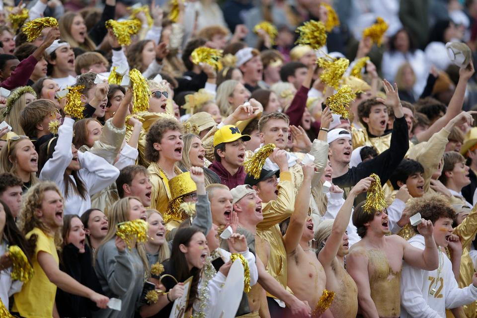 Jenks students cheer during their game against Union in the Class 6AI football championship Saturday, Dec. 4, 2021 in Edmond, Okla. 