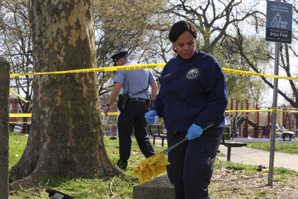 Police respond to a shooting at an Eid al-Fitr event, Wednesday, April 10, 2024, in Philadelphia. (Monica Herndon/The Philadelphia Inquirer via AP)