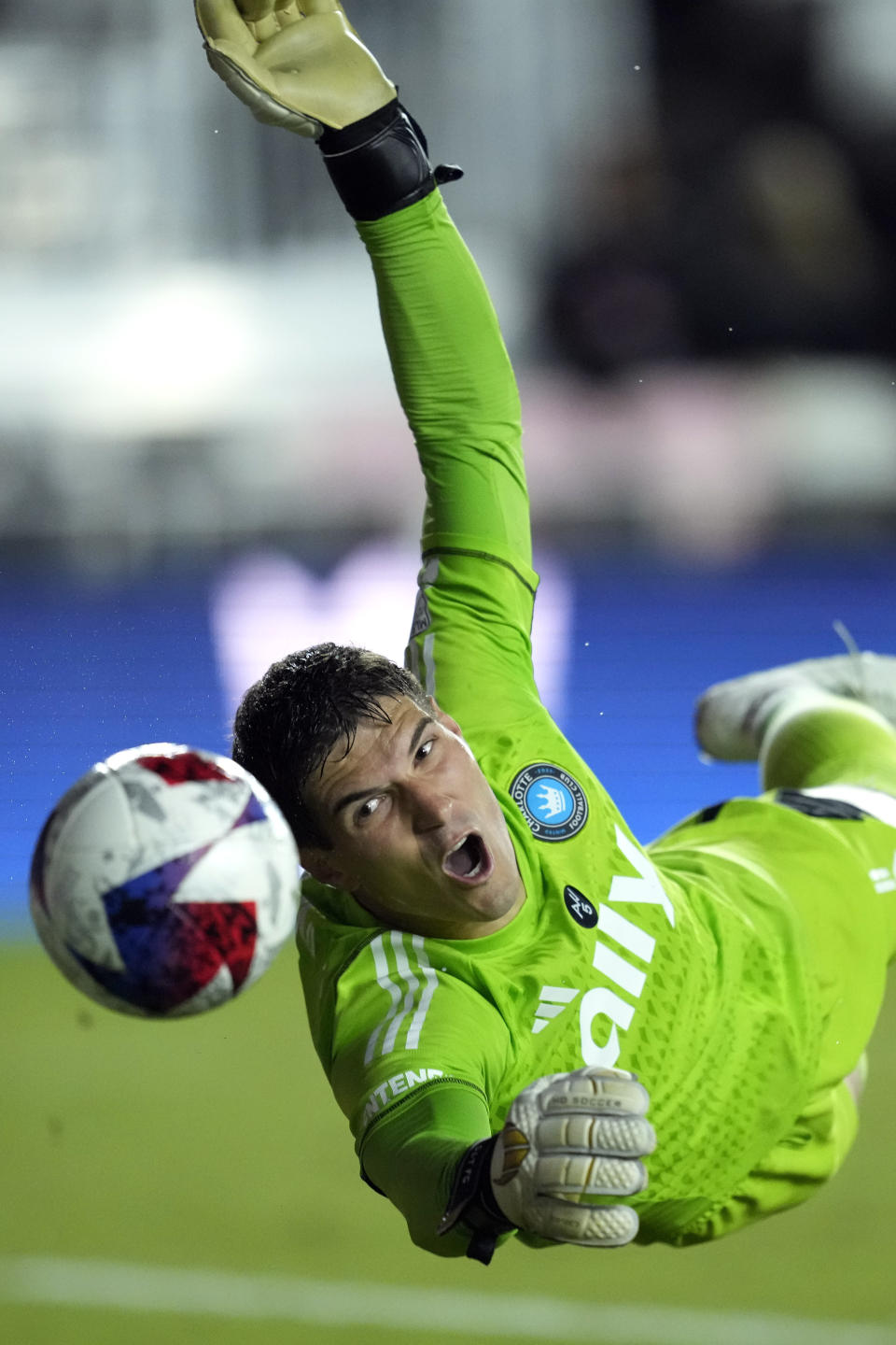 Charlotte FC goalkeeper Kristijan Kahlina deflects a shot by Inter Miami forward Leonardo Campana during the second half of an MLS soccer match, Wednesday, Oct. 18, 2023, in Fort Lauderdale, Fla. (AP Photo/Rebecca Blackwell)
