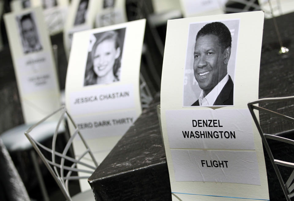 Seating placards for the 19th annual SAG Awards are seen inside the Shrine Auditorium on Saturday, Jan 26, 2013 in Los Angeles. The SAG Awards will be held Jan. 27, 2013. (Photo by Matt Sayles/Invision/AP)