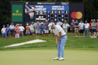 Patrick Cantlay putts on the forth green during the final round of the BMW Championship golf tournament, Sunday, Aug. 29, 2021, at Caves Valley Golf Club in Owings Mills, Md. (AP Photo/Julio Cortez)