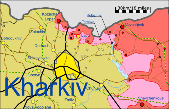 A map shows the Ukrainian counteroffensive in Kharkiv Oblast. Russian-controlled territories are in red <span class="copyright">Ukraine war map</span>