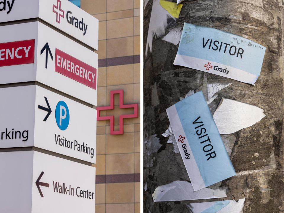 Visitor badges are stuck on a utility pole outside of Grady Memorial Hospital in Atlanta (Alyssa Pointer for NBC News)