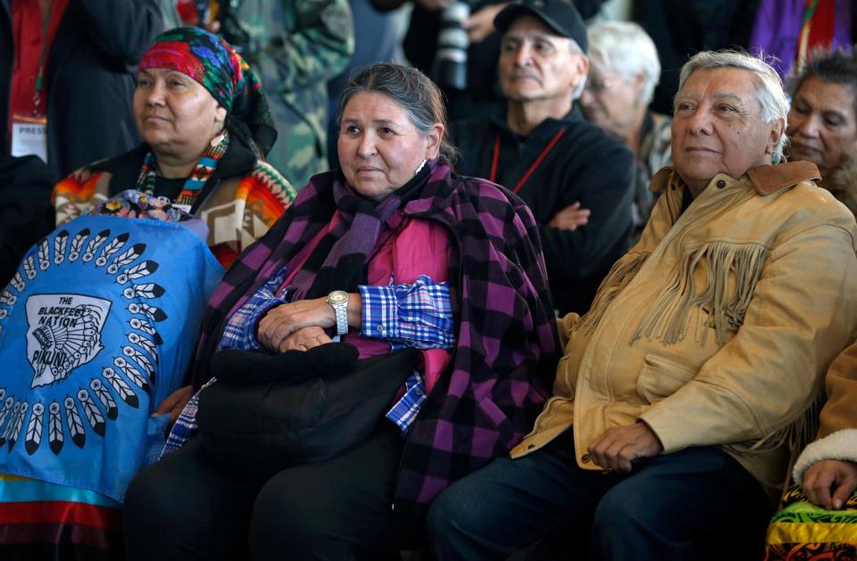From left, Aurora Mamea, Sacheen Littlefeather and Jonathan Lucero attend a ceremony to commemorate the 50th anniversary of the Native American occupation of Alcatraz Island in San Francisco, Calif. on Wednesday, Nov. 20, 2019. Best known for refusing to accept the Oscar for Academy Award-winning actor Marlon Brando on his behalf in 1973, Littlefeather briefly occupied the island along with Lucero.