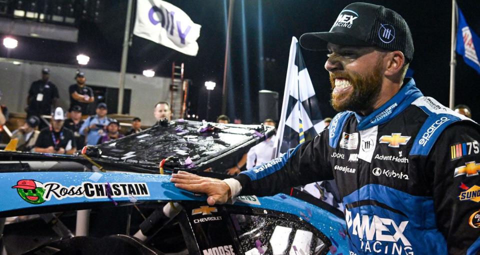 Ross Chastain celebrates win at Nashville in 2023. 