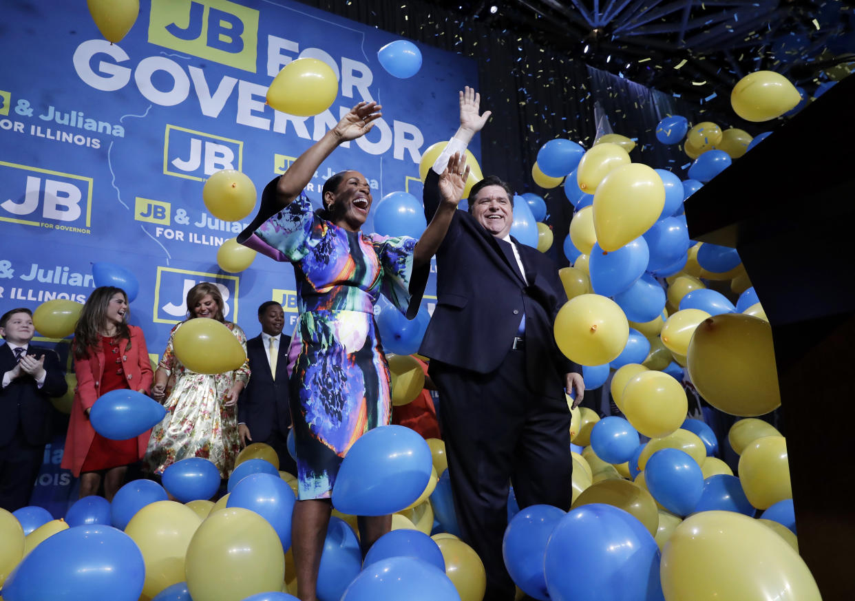 Democratic venture capitalist J.B. Pritzker, right, and state Rep. Juliana Stratton celebrated in Chicago on Nov. 6, 2018, after they won the races for governor and lieutenant governor, respectively, in Illinois. (Photo: Nam Y. Huh/AP)