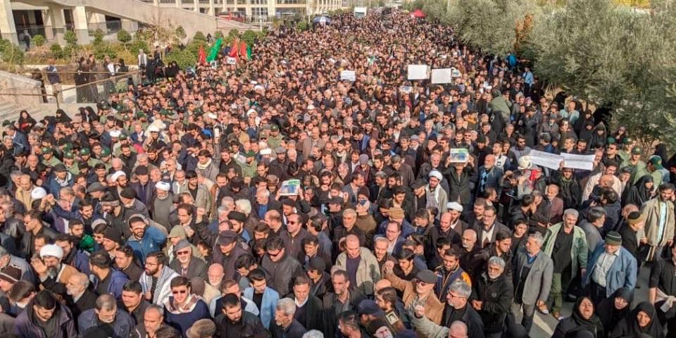 Protesters demonstrate over the U.S. airstrike in Iraq that killed Iranian Revolutionary Guard Gen. Qassem Soleimani in Tehran, Iran, Jan. 3, 2020. Iran has vowed 