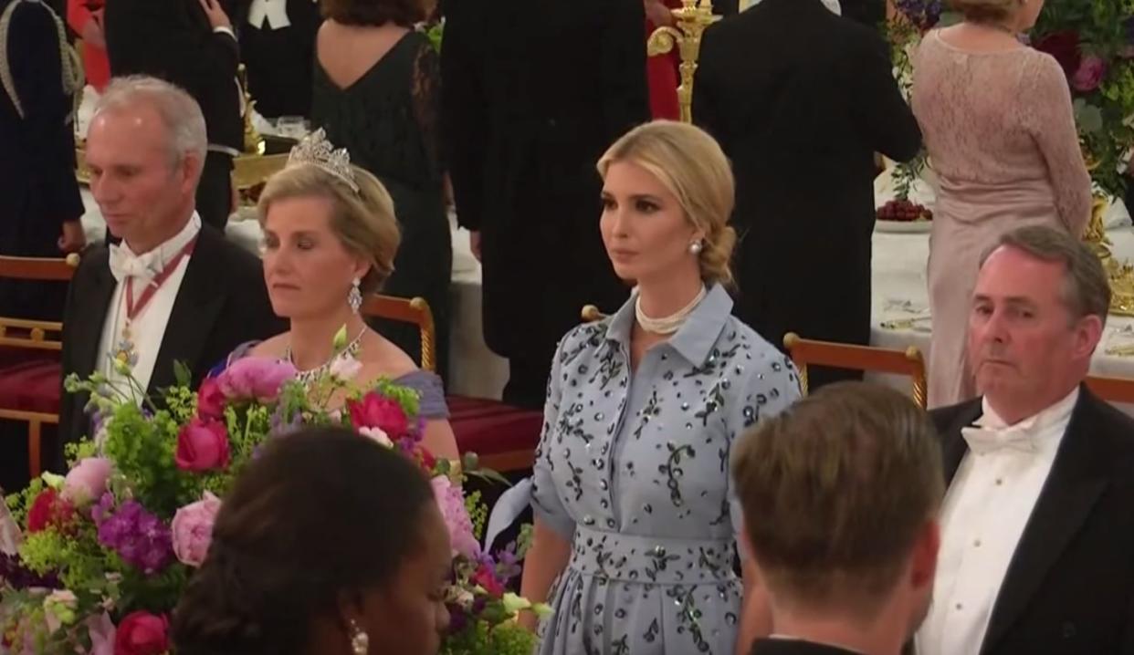 Social media users called out Ivanka Trump for failing to place her right hand over her heart at the state banquet on Monday. (Photo: YouTube)