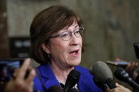 Sen. Susan Collins, R-Maine, speaks to members of the media outside her office on Capitol Hill in Washington, Monday, Sept. 17, 2018. Collins says if Supreme Court nominee Brett Kavanaugh has lied about the sexual assault allegation against him from high school, it would be “disqualifying.” (AP Photo/Pablo Martinez Monsivais)