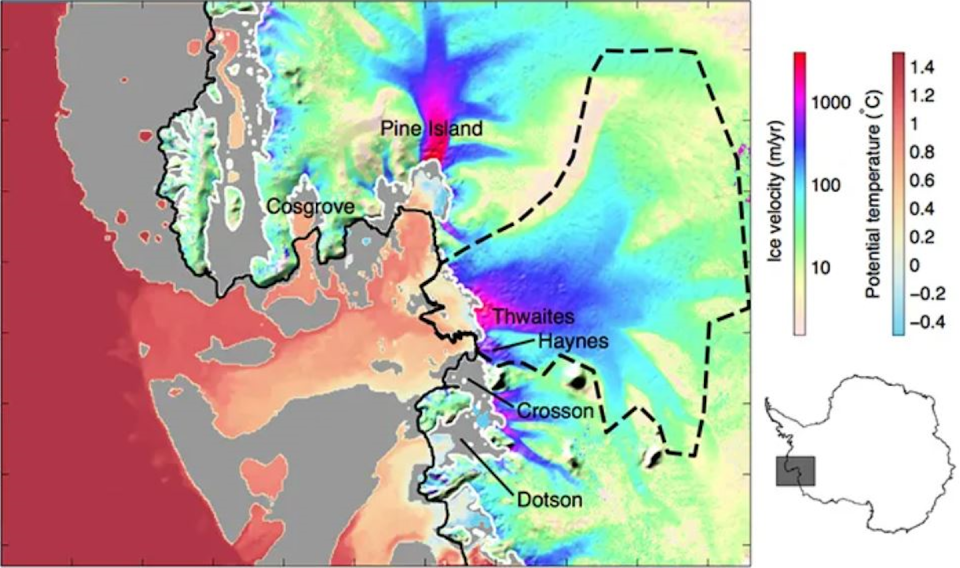 Colors show that Thwaites Glacier flows faster as it gets closer to the ocean.