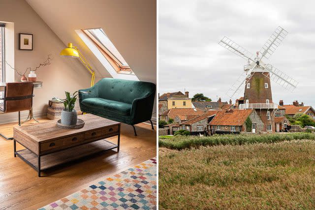 <p>Kira Turnbull</p> From left: A guest suite at the Harper; a windmill in the village of Cley-next-the-Sea.