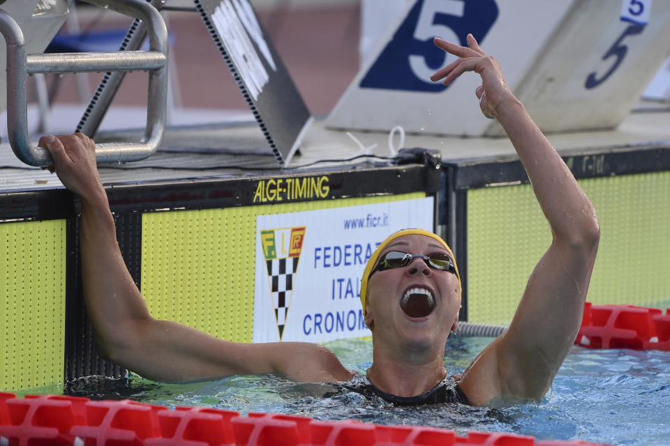 Sweden's Sarah Sjoestroem celebrates after a race at the 58th edition Settecolli international swimming hills event in Rome, Friday June 25, 2021. (Alfredo Falcone/LaPresse via AP)