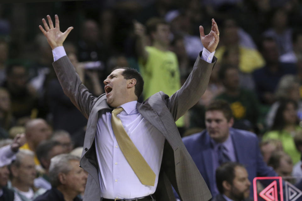 Baylor coach Scott Drew reacts to a call during the second half of the team's NCAA college basketball game against Oklahoma State, Saturday, Feb. 8, 2020, in Waco, Texas. (AP Photo/Rod Aydelotte)