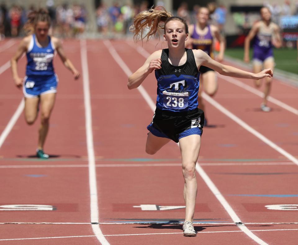 Mount Vernon-Plankinton's Berkley Engelland wins the Class A girls' 400-meter dash during the 2022 South Dakota State High School Track and Field Championships at Howard Wood Field in Sioux Falls.