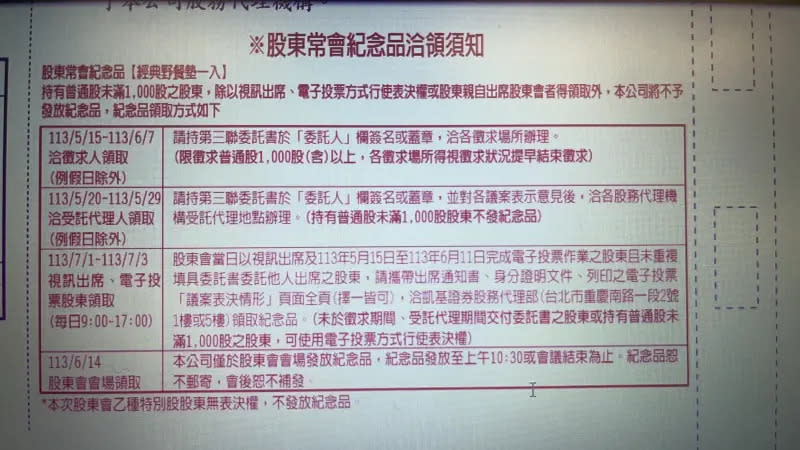 ▲開發金今年股東會紀念「經典野餐墊」正式亮相，股東會通知書，也已公告股東領取方式。（圖／讀者提供）