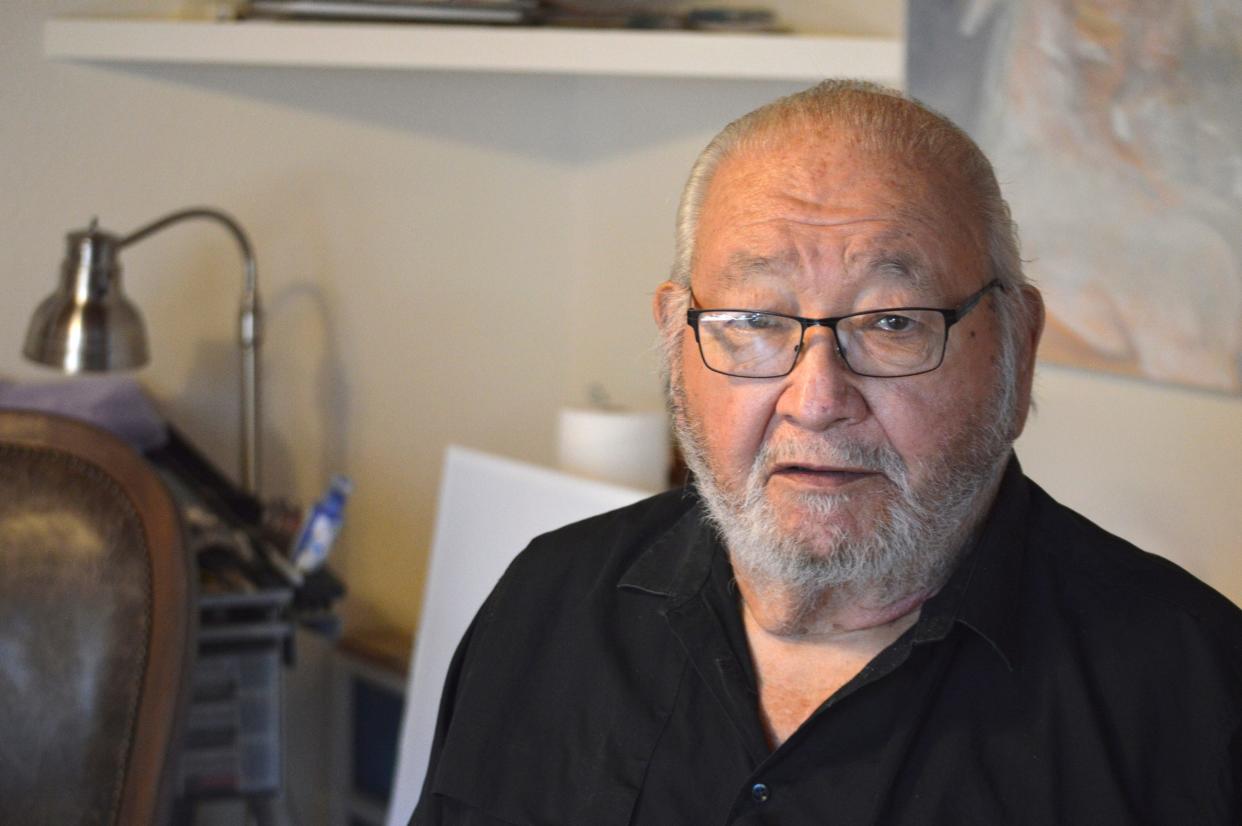 Kiowa writer N. Scott Momaday, who won a Pulitzer Prize in 1969 for his groundbreaking novel "House Made of Dawn," appears at his home in Santa Fe, NM, on Nov. 13, 2019. Momaday died Jan. 24 at his home in Santa Fe, New Mexico, publisher HarperCollins announced.