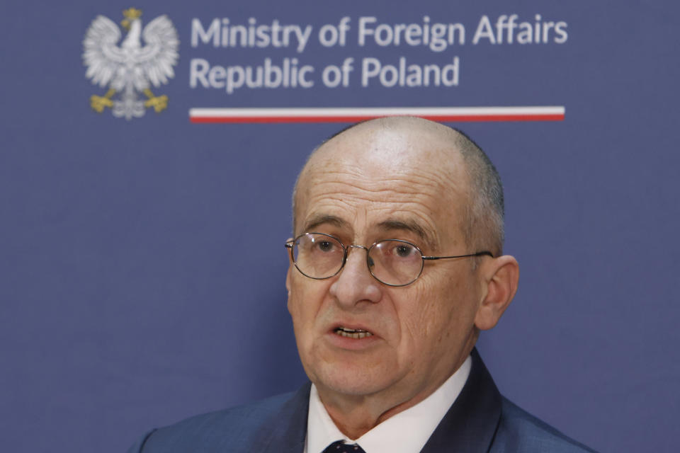 Poland's Minister of Foreign Affairs Zbigniew Rau attends a joint press conference with his Israeli counterpart Eli Cohen in Warsaw, Poland, Wednesday, March 22, 2023. (AP Photo/Michal Dyjuk)